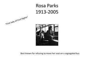 Rosa Parks
1913-2005

Best known for refusing to move her seat on a segregated bus

 