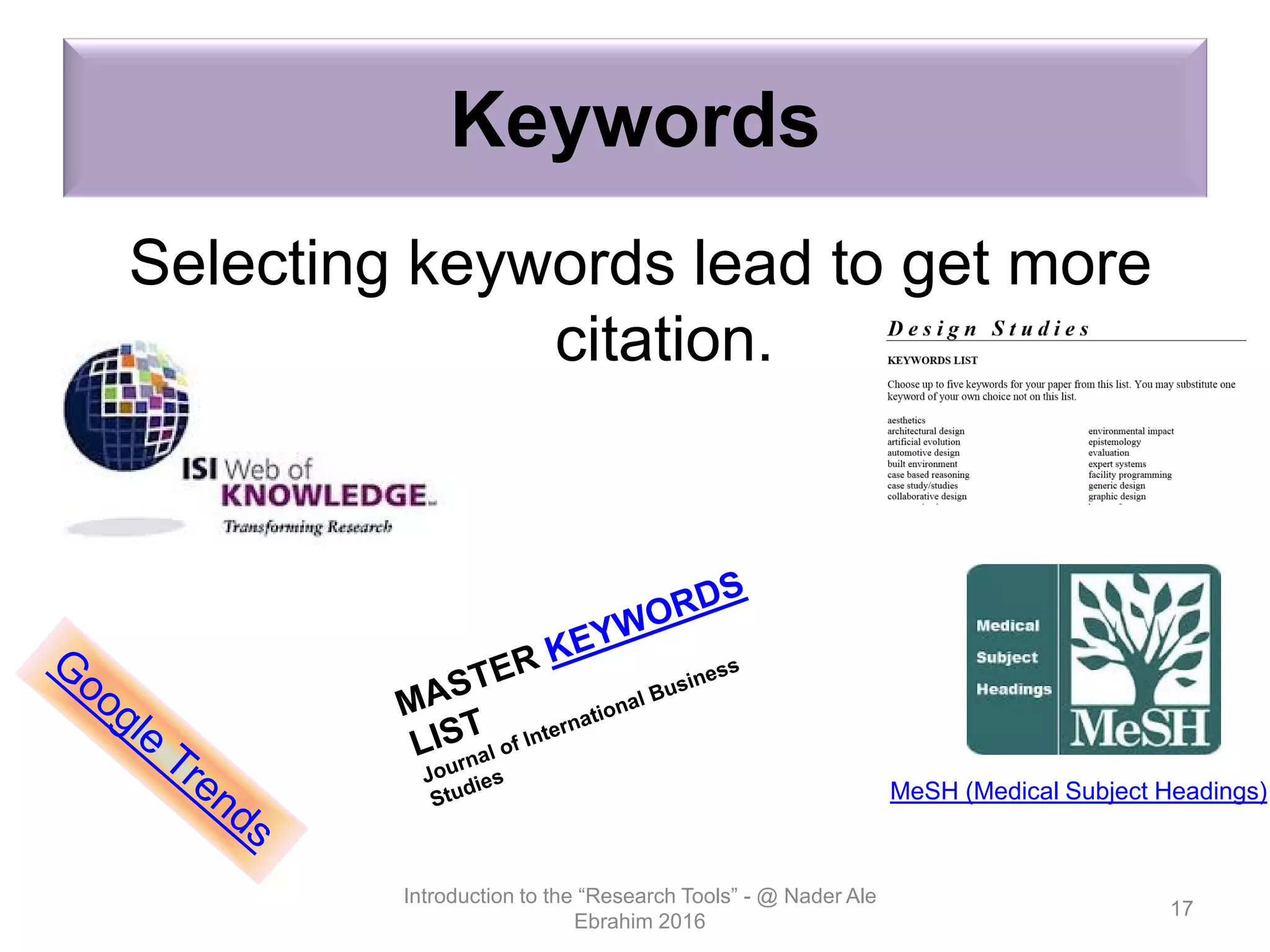 Keywords
Selecting keywords lead to get more
citation.
Introduction to the “Research Tools” - @ Nader Ale
Ebrahim 2016
17
MeSH (Medical Subject Headings)
 