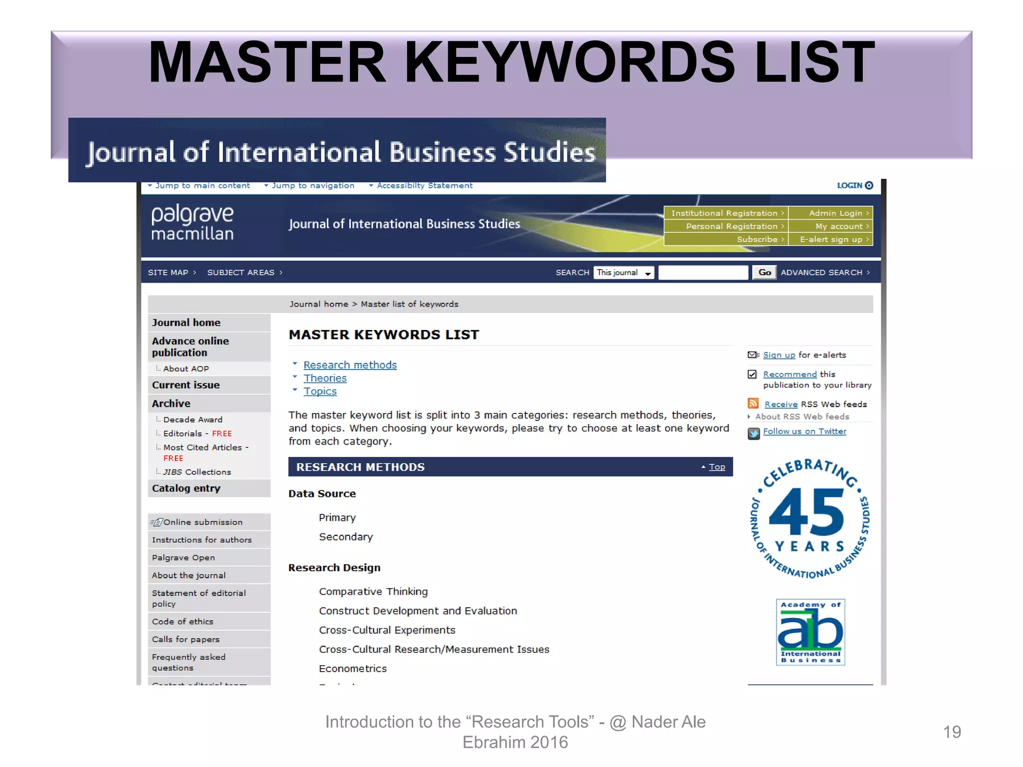 MASTER KEYWORDS LIST
Introduction to the “Research Tools” - @ Nader Ale
Ebrahim 2016
19
 