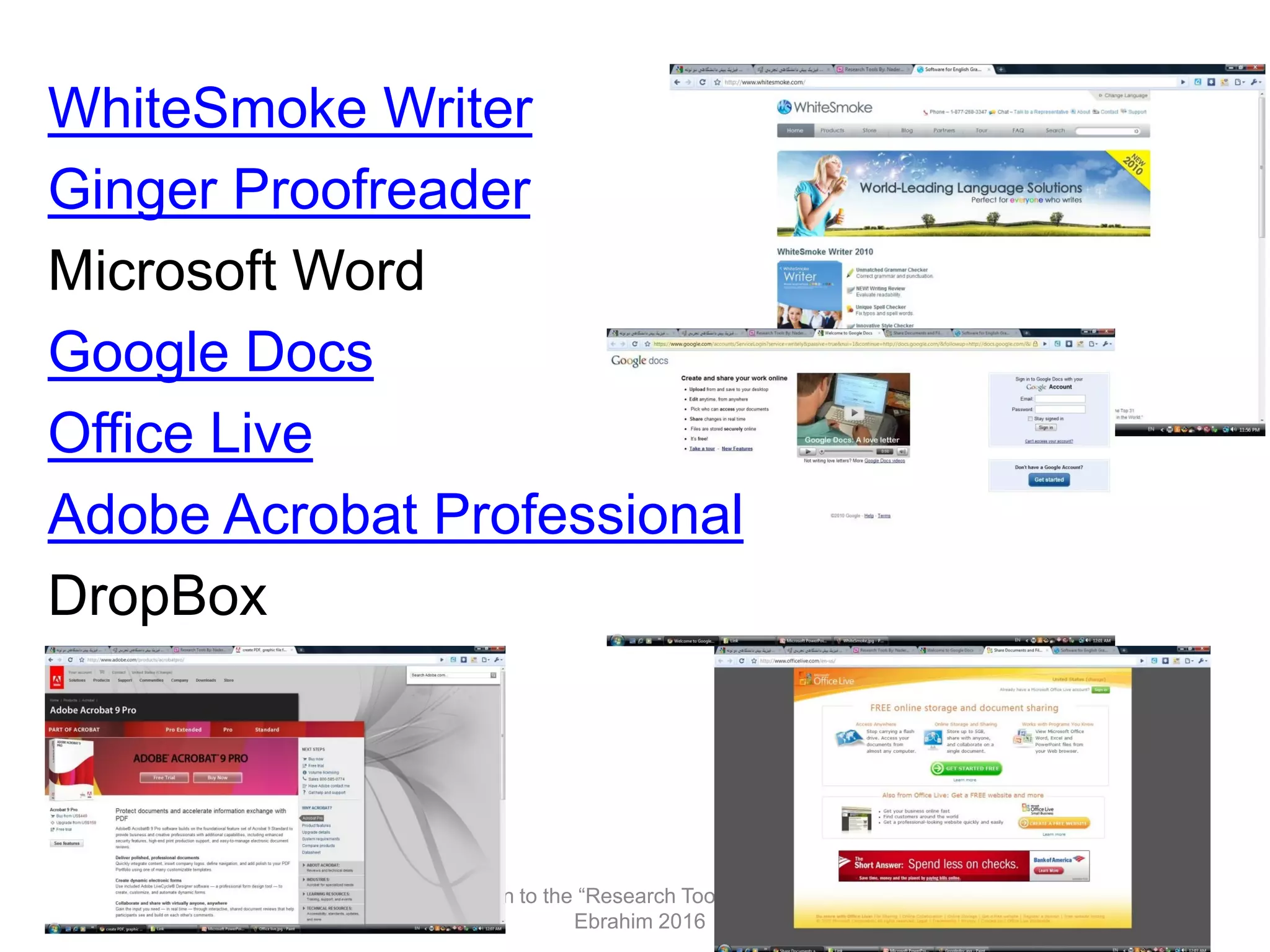 WhiteSmoke Writer
Ginger Proofreader
Microsoft Word
Google Docs
Office Live
Adobe Acrobat Professional
DropBox
Introduction to the “Research Tools” - @ Nader Ale
Ebrahim 2016
54
 