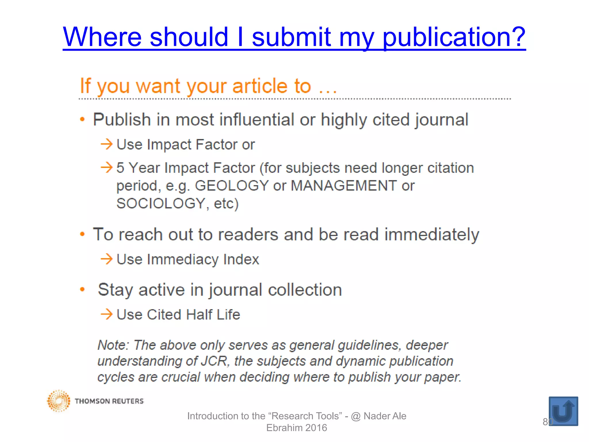Where should I submit my publication?
Introduction to the “Research Tools” - @ Nader Ale
Ebrahim 2016
80
 