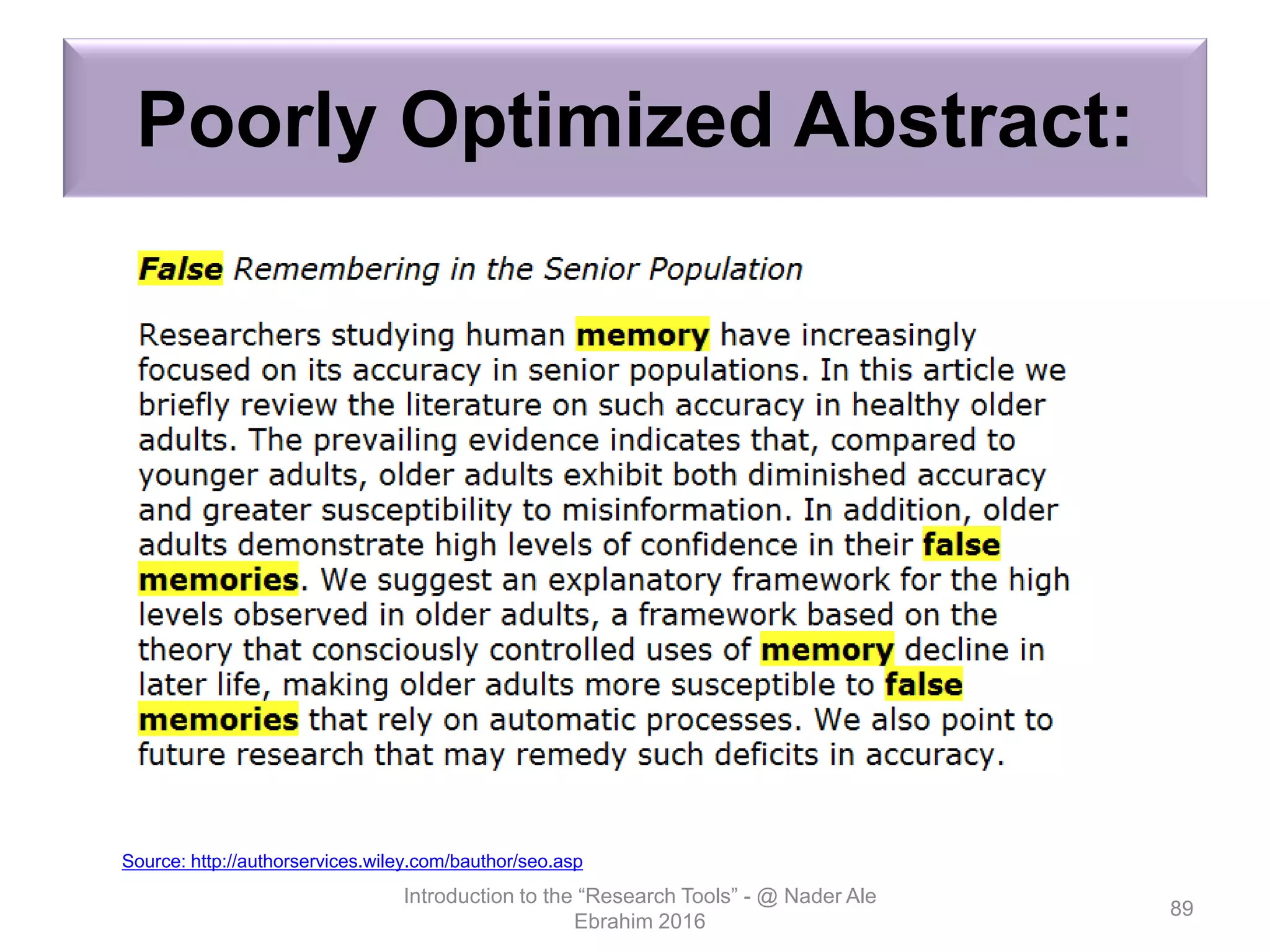 Poorly Optimized Abstract:
Introduction to the “Research Tools” - @ Nader Ale
Ebrahim 2016
89
Source: http://authorservices.wiley.com/bauthor/seo.asp
 