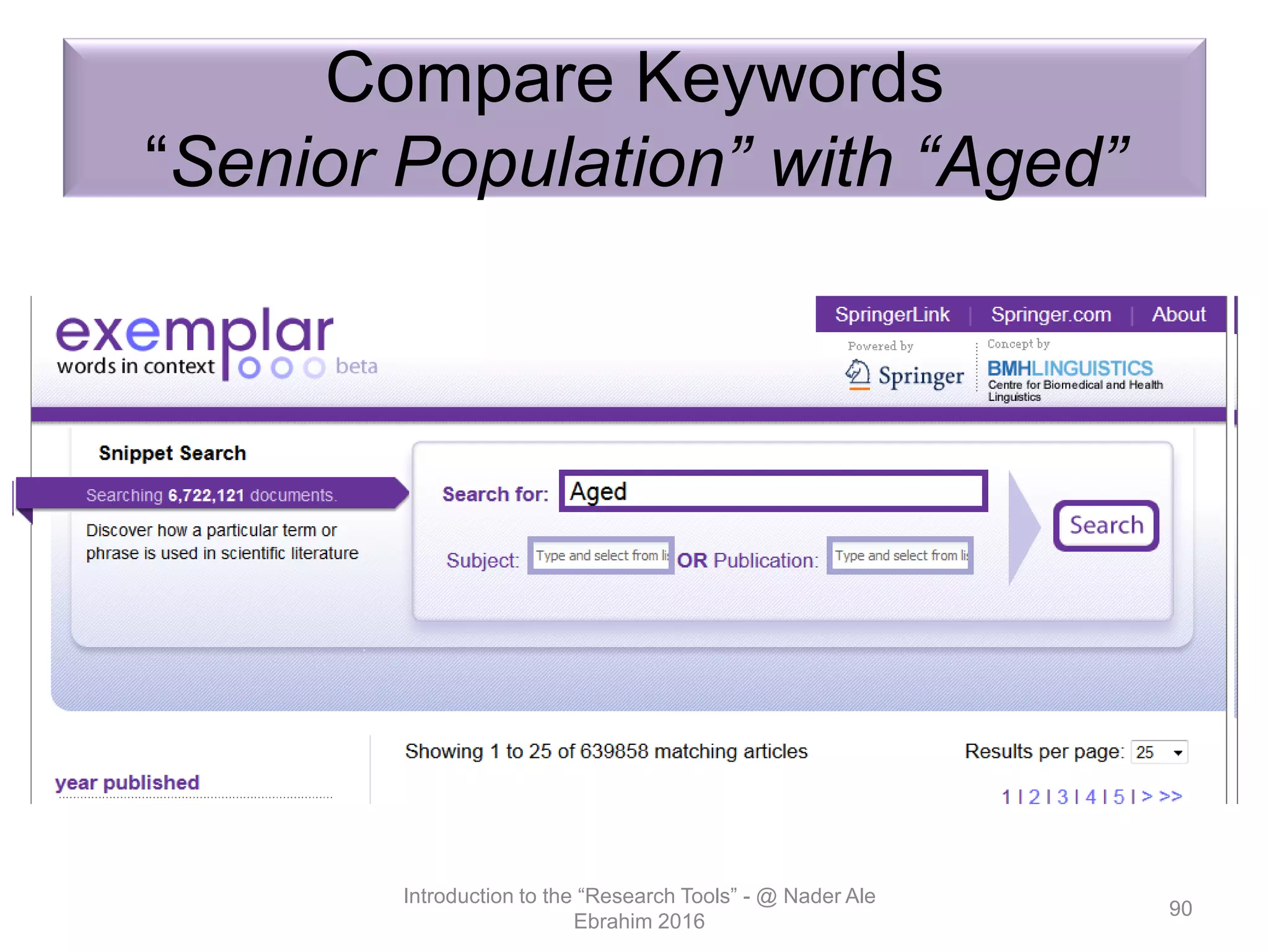 Compare Keywords
“Senior Population” with “Aged”
Introduction to the “Research Tools” - @ Nader Ale
Ebrahim 2016
90
 