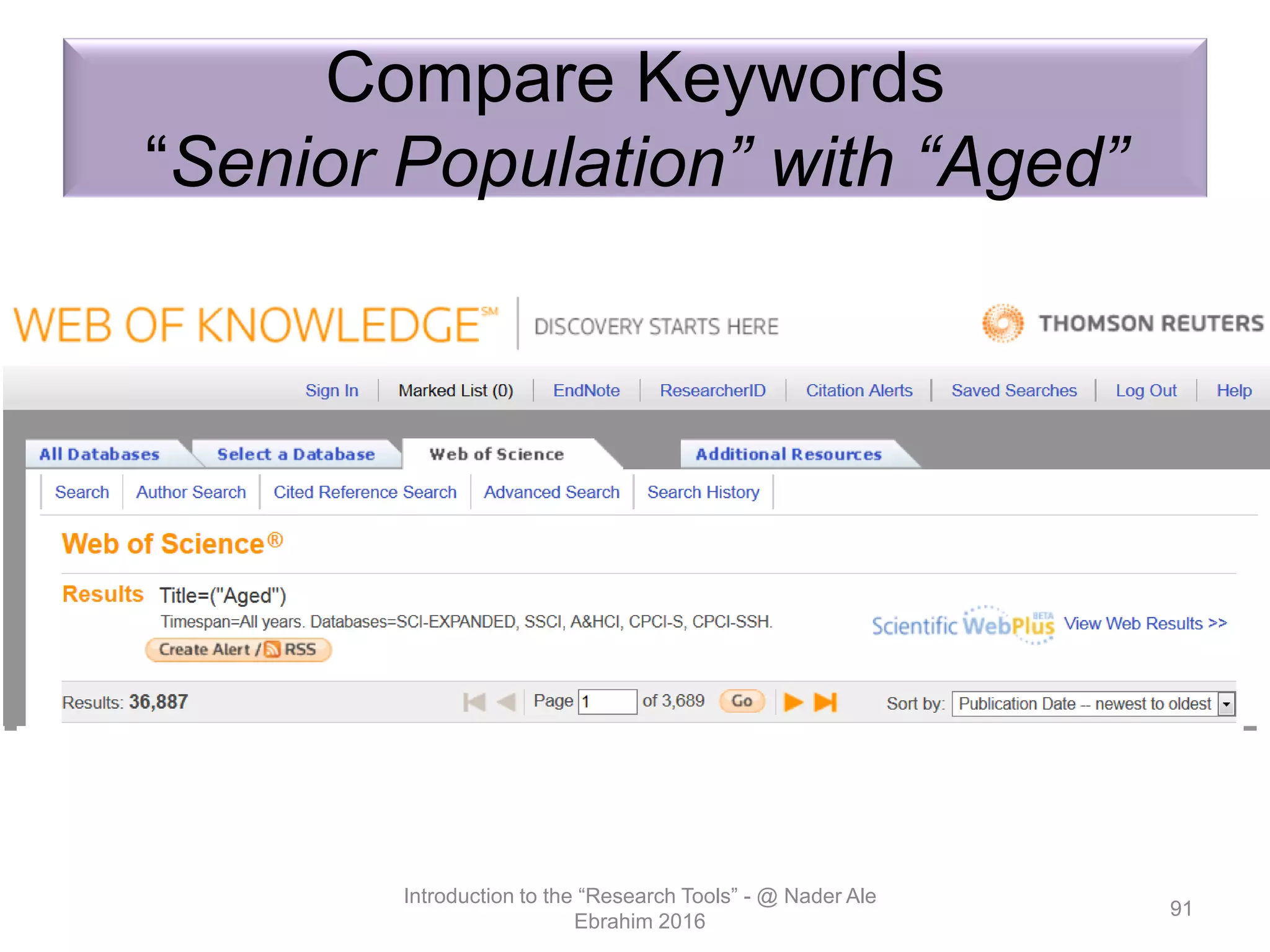 Compare Keywords
“Senior Population” with “Aged”
Introduction to the “Research Tools” - @ Nader Ale
Ebrahim 2016
91
 