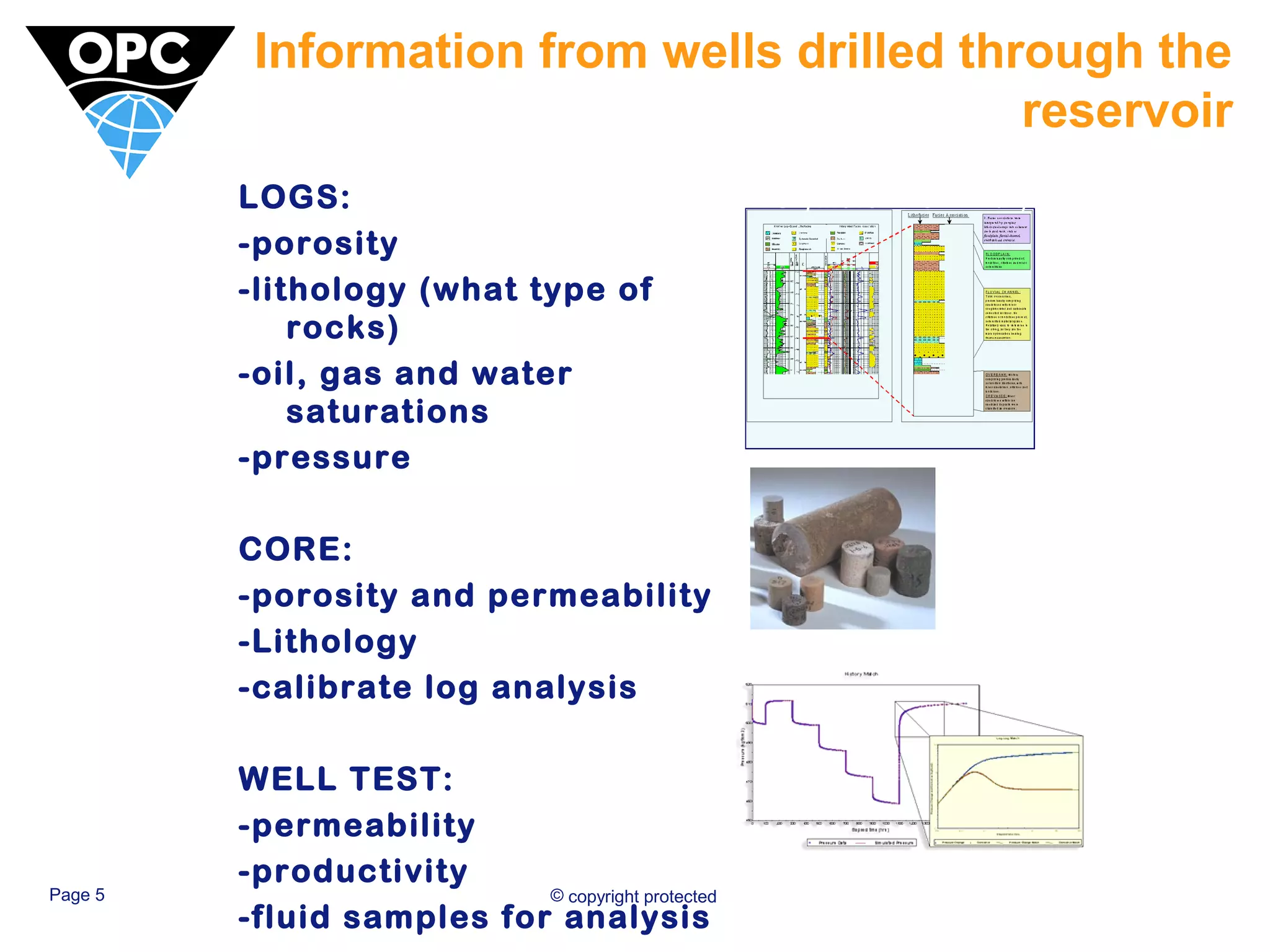 Information from wells drilled through the 
Page 5 © copyright protected 
reservoir 
LOGS: 
-porosity 
-lithology (what type of 
rocks) 
-oil, gas and water 
saturations 
-pressure 
CORE: 
-porosity and permeability 
-Lithology 
-calibrate log analysis 
WELL TEST: 
-permeability 
-productivity 
-fluid samples for analysis 
Well/Multi-well Analysis 
 
