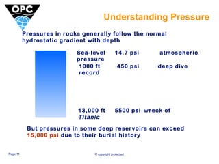 Understanding Pressure 
Pressures in rocks generally follow the normal 
hydrostatic gradient with depth 
Sea-level 14.7 psi atmospheric 
pressure 
1000 ft 450 psi deep dive 
record 
13,000 ft 5500 psi wreck of 
Titanic 
But pressures in some deep reservoirs can exceed 
15,000 psi due to their burial history 
Page 11 © copyright protected 
 