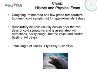 Croup:
History and Physical Exam
• Coughing, rhinnorhea and low grade temperature
(common cold symptoms) for approximately 2 days
• Respiratory distress usually occurs after the two
days of cold symptoms and is associated with
retractions, barky cough, hoarse voice and stridor
(lasting 1-4 days).
• Total length of illness is typically 5-12 days.
 