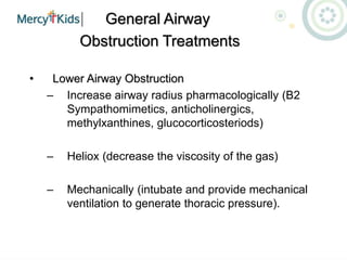 General Airway
Obstruction Treatments
• Lower Airway Obstruction
– Increase airway radius pharmacologically (B2
Sympathomimetics, anticholinergics,
methylxanthines, glucocorticosteriods)
– Heliox (decrease the viscosity of the gas)
– Mechanically (intubate and provide mechanical
ventilation to generate thoracic pressure).
 