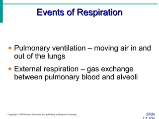 Events of RespirationEvents of Respiration
SlideCopyright © 2003 Pearson Education, Inc. publishing as Benjamin Cummings
• Pulmonary ventilation – moving air in and
out of the lungs
• External respiration – gas exchange
between pulmonary blood and alveoli
 