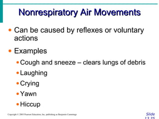Nonrespiratory Air MovementsNonrespiratory Air Movements
SlideCopyright © 2003 Pearson Education, Inc. publishing as Benjamin Cummings
• Can be caused by reflexes or voluntary
actions
• Examples
•Cough and sneeze – clears lungs of debris
•Laughing
•Crying
•Yawn
•Hiccup
 