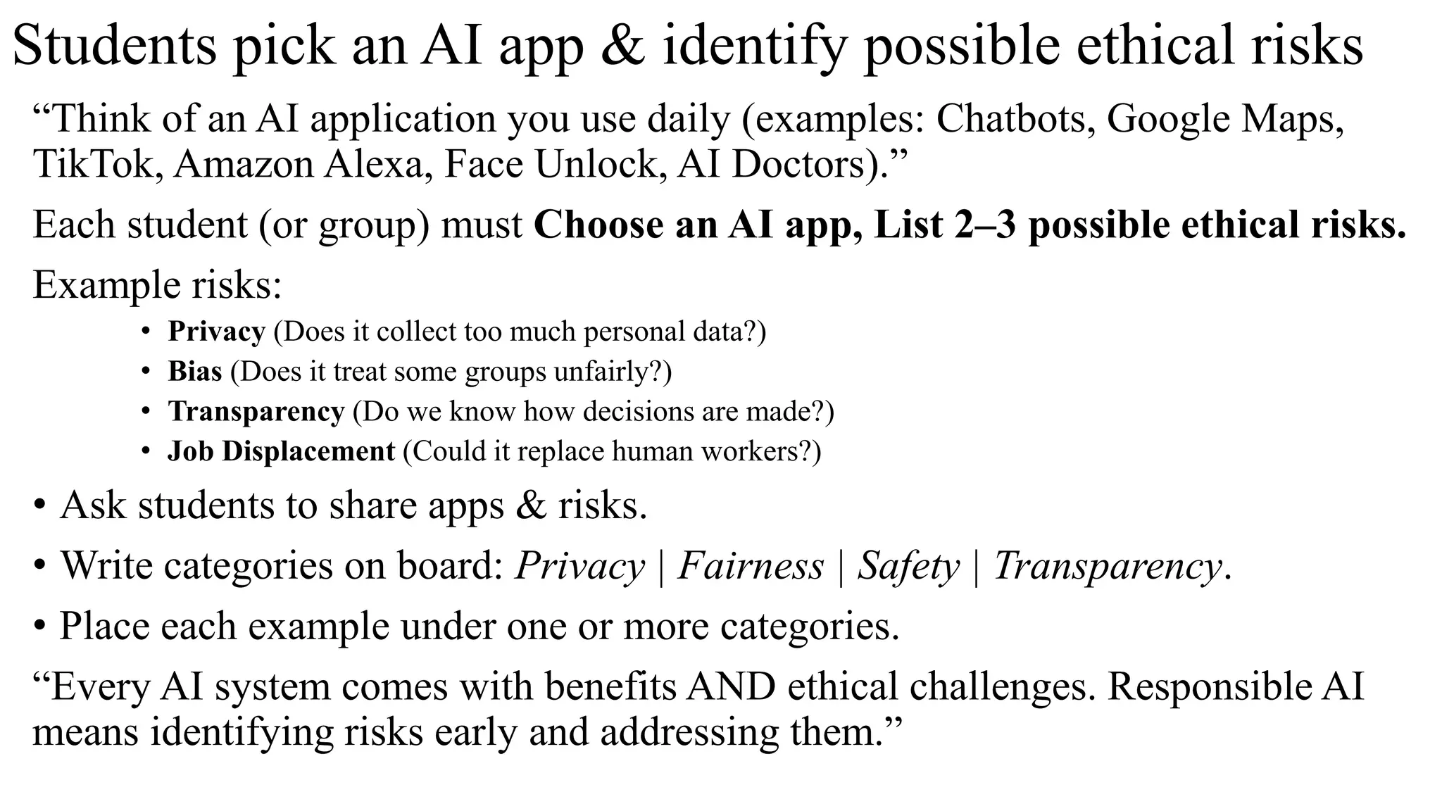 Students pick an AI app & identify possible ethical risks
“Think of an AI application you use daily (examples: Chatbots, Google Maps,
TikTok, Amazon Alexa, Face Unlock, AI Doctors).”
Each student (or group) must Choose an AI app, List 2–3 possible ethical risks.
Example risks:
• Privacy (Does it collect too much personal data?)
• Bias (Does it treat some groups unfairly?)
• Transparency (Do we know how decisions are made?)
• Job Displacement (Could it replace human workers?)
• Ask students to share apps & risks.
• Write categories on board: Privacy | Fairness | Safety | Transparency.
• Place each example under one or more categories.
“Every AI system comes with benefits AND ethical challenges. Responsible AI
means identifying risks early and addressing them.”
 