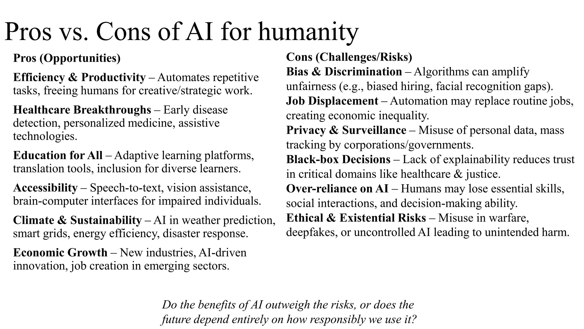 Pros vs. Cons of AI for humanity
Pros (Opportunities)
Efficiency & Productivity – Automates repetitive
tasks, freeing humans for creative/strategic work.
Healthcare Breakthroughs – Early disease
detection, personalized medicine, assistive
technologies.
Education for All – Adaptive learning platforms,
translation tools, inclusion for diverse learners.
Accessibility – Speech-to-text, vision assistance,
brain-computer interfaces for impaired individuals.
Climate & Sustainability – AI in weather prediction,
smart grids, energy efficiency, disaster response.
Economic Growth – New industries, AI-driven
innovation, job creation in emerging sectors.
Cons (Challenges/Risks)
Bias & Discrimination – Algorithms can amplify
unfairness (e.g., biased hiring, facial recognition gaps).
Job Displacement – Automation may replace routine jobs,
creating economic inequality.
Privacy & Surveillance – Misuse of personal data, mass
tracking by corporations/governments.
Black-box Decisions – Lack of explainability reduces trust
in critical domains like healthcare & justice.
Over-reliance on AI – Humans may lose essential skills,
social interactions, and decision-making ability.
Ethical & Existential Risks – Misuse in warfare,
deepfakes, or uncontrolled AI leading to unintended harm.
Do the benefits of AI outweigh the risks, or does the
future depend entirely on how responsibly we use it?
 