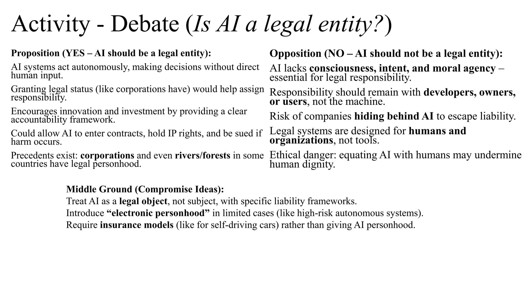 Activity - Debate (Is AI a legal entity?)
Proposition (YES – AI should be a legal entity):
AI systems act autonomously, making decisions without direct
human input.
Granting legal status (like corporations have) would help assign
responsibility.
Encourages innovation and investment by providing a clear
accountability framework.
Could allow AI to enter contracts, hold IP rights, and be sued if
harm occurs.
Precedents exist: corporations and even rivers/forests in some
countries have legal personhood.
Opposition (NO – AI should not be a legal entity):
AI lacks consciousness, intent, and moral agency –
essential for legal responsibility.
Responsibility should remain with developers, owners,
or users, not the machine.
Risk of companies hiding behind AI to escape liability.
Legal systems are designed for humans and
organizations, not tools.
Ethical danger: equating AI with humans may undermine
human dignity.
Middle Ground (Compromise Ideas):
Treat AI as a legal object, not subject, with specific liability frameworks.
Introduce “electronic personhood” in limited cases (like high-risk autonomous systems).
Require insurance models (like for self-driving cars) rather than giving AI personhood.
 