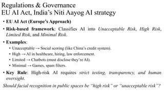 Regulations & Governance
EU AI Act, India’s Niti Aayog AI strategy
• EU AI Act (Europe’s Approach)
• Risk-based framework: Classifies AI into Unacceptable Risk, High Risk,
Limited Risk, and Minimal Risk.
• Examples:
• Unacceptable → Social scoring (like China’s credit system).
• High → AI in healthcare, hiring, law enforcement.
• Limited → Chatbots (must disclose they’re AI).
• Minimal → Games, spam filters.
• Key Rule: High-risk AI requires strict testing, transparency, and human
oversight.
Should facial recognition in public spaces be “high risk” or “unacceptable risk”?
 
