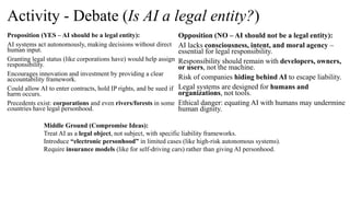 Activity - Debate (Is AI a legal entity?)
Proposition (YES – AI should be a legal entity):
AI systems act autonomously, making decisions without direct
human input.
Granting legal status (like corporations have) would help assign
responsibility.
Encourages innovation and investment by providing a clear
accountability framework.
Could allow AI to enter contracts, hold IP rights, and be sued if
harm occurs.
Precedents exist: corporations and even rivers/forests in some
countries have legal personhood.
Opposition (NO – AI should not be a legal entity):
AI lacks consciousness, intent, and moral agency –
essential for legal responsibility.
Responsibility should remain with developers, owners,
or users, not the machine.
Risk of companies hiding behind AI to escape liability.
Legal systems are designed for humans and
organizations, not tools.
Ethical danger: equating AI with humans may undermine
human dignity.
Middle Ground (Compromise Ideas):
Treat AI as a legal object, not subject, with specific liability frameworks.
Introduce “electronic personhood” in limited cases (like high-risk autonomous systems).
Require insurance models (like for self-driving cars) rather than giving AI personhood.
 