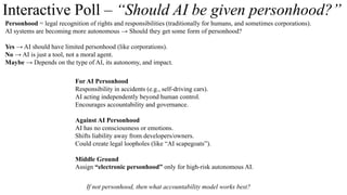 Interactive Poll – “Should AI be given personhood?”
Personhood = legal recognition of rights and responsibilities (traditionally for humans, and sometimes corporations).
AI systems are becoming more autonomous → Should they get some form of personhood?
Yes → AI should have limited personhood (like corporations).
No → AI is just a tool, not a moral agent.
Maybe → Depends on the type of AI, its autonomy, and impact.
For AI Personhood
Responsibility in accidents (e.g., self-driving cars).
AI acting independently beyond human control.
Encourages accountability and governance.
Against AI Personhood
AI has no consciousness or emotions.
Shifts liability away from developers/owners.
Could create legal loopholes (like “AI scapegoats”).
Middle Ground
Assign “electronic personhood” only for high-risk autonomous AI.
If not personhood, then what accountability model works best?
 