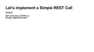 Let’s implement a Simple REST request
GET /fortunes/1 HTTP/1.1
Accept: application/json
Request
 