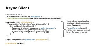 Async Client
FortuneClient.java
Task<Response<Fortune>> getFortune =
parSeqClient.createTask(new FortunesBuilders.get().id(1L));
!
final Task<Void> printFortune =
Tasks.action("printFortune", new Runnable() {
@Override public void run() {
Response<Fortune> response = getFortune.get();
Fortune fortune = getResponseEntity();
System.out.println(fortune.getMessage());
}
});
!
engine.run(Tasks.seq(getFortune, printFortune));
!
printFortune.await();
Here will compose together
two tasks, also in sequence
using Tasks.seq.
The getFortune task will
make a non-blocking request
to our /fortunes resource.
 