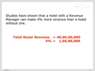 Studies have shown that a hotel with a Revenue
  Manager can make 4% more revenue than a hotel
  without one.



           Total Room Revenue = 40,00,00,000
                           4% = 1,60,00,000




29/05/12                                           11
 