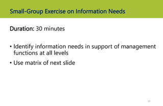 Small-Group Exercise on Information Needs
Duration: 30 minutes
• Identify information needs in support of management
functions at all levels
• Use matrix of next slide
13
 