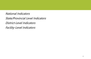 National Indicators
State/Provincial Level Indicators
District-Level Indicators
Facility-Level Indicators
32
 