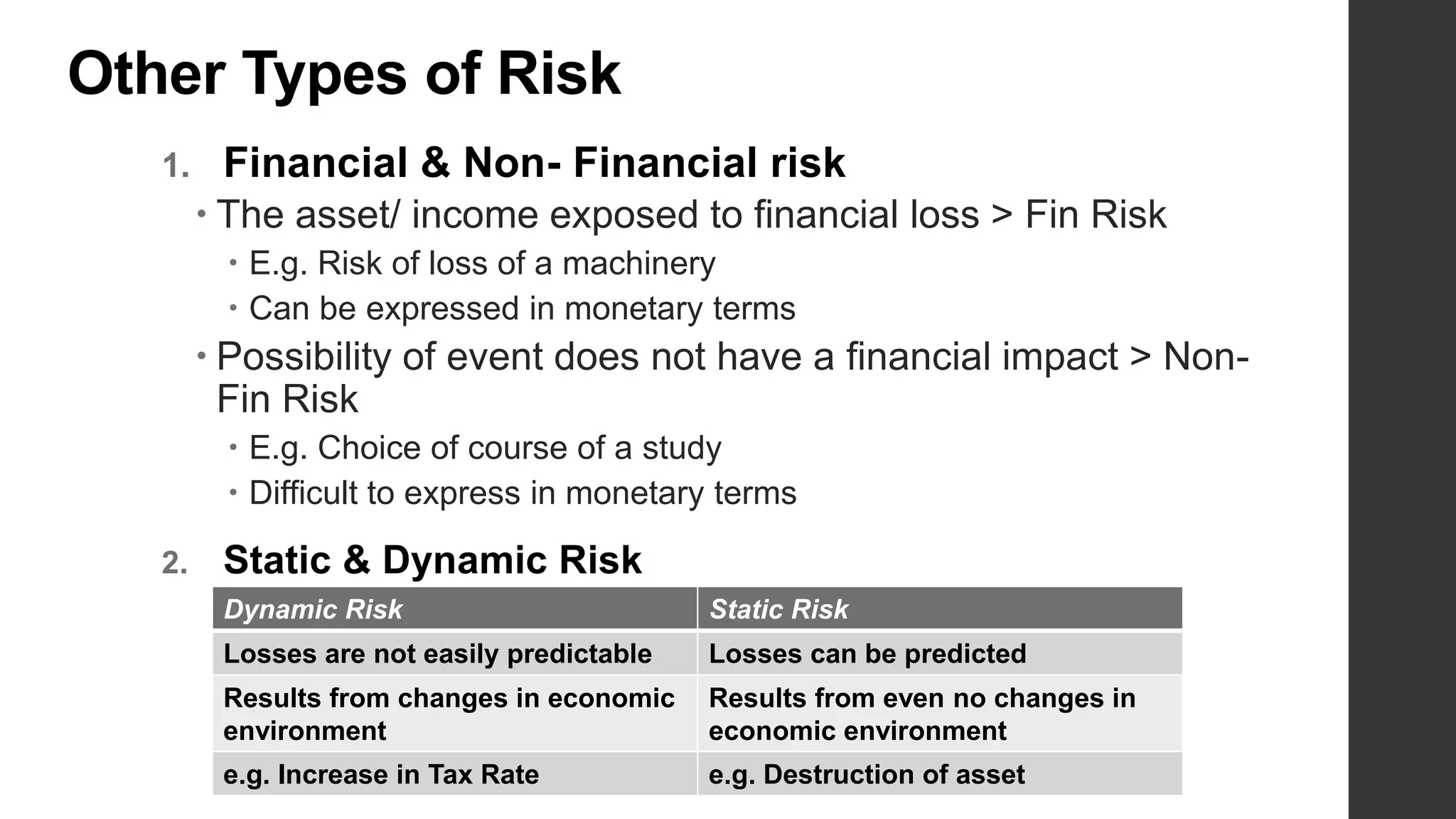 Other Types of Risk
1. Financial & Non- Financial risk
 The asset/ income exposed to financial loss > Fin Risk
 E.g. Risk of loss of a machinery
 Can be expressed in monetary terms
 Possibility of event does not have a financial impact > Non-
Fin Risk
 E.g. Choice of course of a study
 Difficult to express in monetary terms
2. Static & Dynamic Risk
Dynamic Risk Static Risk
Losses are not easily predictable Losses can be predicted
Results from changes in economic
environment
Results from even no changes in
economic environment
e.g. Increase in Tax Rate e.g. Destruction of asset
 