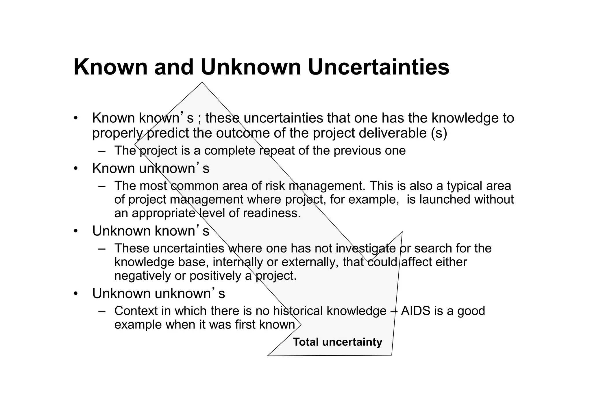 Known and Unknown Uncertainties
• Known known’s ; these uncertainties that one has the knowledge to
properly predict the outcome of the project deliverable (s)
– The project is a complete repeat of the previous one
• Known unknown’s
– The most common area of risk management. This is also a typical area
of project management where project, for example, is launched without
an appropriate level of readiness.
Total uncertainty
an appropriate level of readiness.
• Unknown known’s
– These uncertainties where one has not investigate or search for the
knowledge base, internally or externally, that could affect either
negatively or positively a project.
• Unknown unknown’s
– Context in which there is no historical knowledge – AIDS is a good
example when it was first known
 