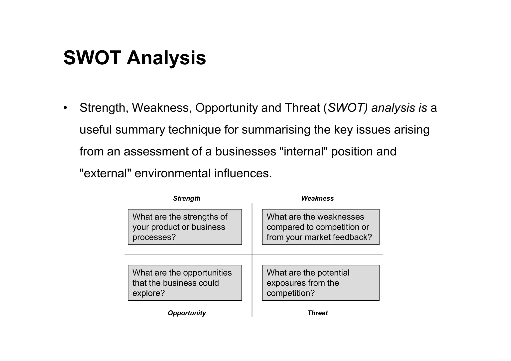 SWOT Analysis
• Strength, Weakness, Opportunity and Threat (SWOT) analysis is a
useful summary technique for summarising the key issues arising
from an assessment of a businesses "internal" position and
"external" environmental influences.
What are the strengths of
your product or business
processes?
What are the weaknesses
compared to competition or
from your market feedback?
Weakness
Strength
What are the opportunities
that the business could
explore?
What are the potential
exposures from the
competition?
Threat
Opportunity
 