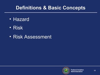 Federal Aviation
Administration
11
Definitions & Basic Concepts
• Hazard
• Risk
• Risk Assessment
 