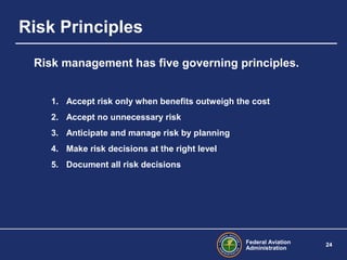 Federal Aviation
Administration
24
Risk Principles
Risk management has five governing principles.
1. Accept risk only when benefits outweigh the cost
2. Accept no unnecessary risk
3. Anticipate and manage risk by planning
4. Make risk decisions at the right level
5. Document all risk decisions
 