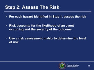 Federal Aviation
Administration
33
Step 2: Assess The Risk
• For each hazard identified in Step 1, assess the risk
• Risk accounts for the likelihood of an event
occurring and the severity of the outcome
• Use a risk assessment matrix to determine the level
of risk
 