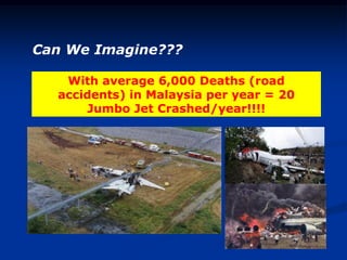 With average 6,000 Deaths (road
accidents) in Malaysia per year = 20
Jumbo Jet Crashed/year!!!!
Can We Imagine???
 