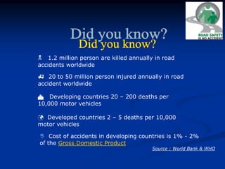  1.2 million person are killed annually in road
accidents worldwide
 20 to 50 million person injured annually in road
accident worldwide
 Developing countries 20 – 200 deaths per
10,000 motor vehicles
 Developed countries 2 – 5 deaths per 10,000
motor vehicles
 Cost of accidents in developing countries is 1% - 2%
of the Gross Domestic Product
Source : World Bank & WHO
 