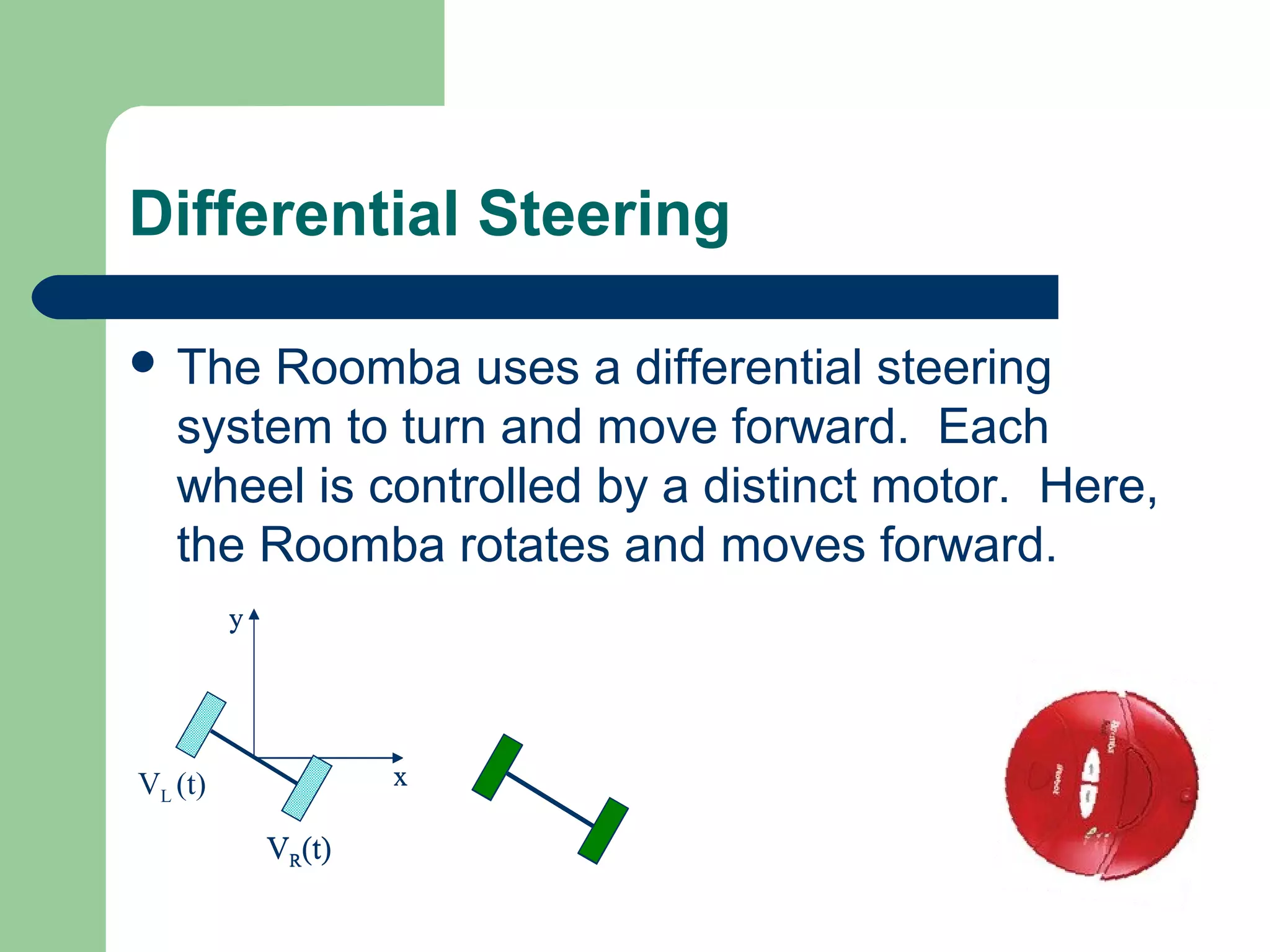 Differential Steering

 The  Roomba uses a differential steering
   system to turn and move forward. Each
   wheel is controlled by a distinct motor. Here,
   the Roomba rotates and moves forward.
         y




VL (t)               x

             VR(t)
 
