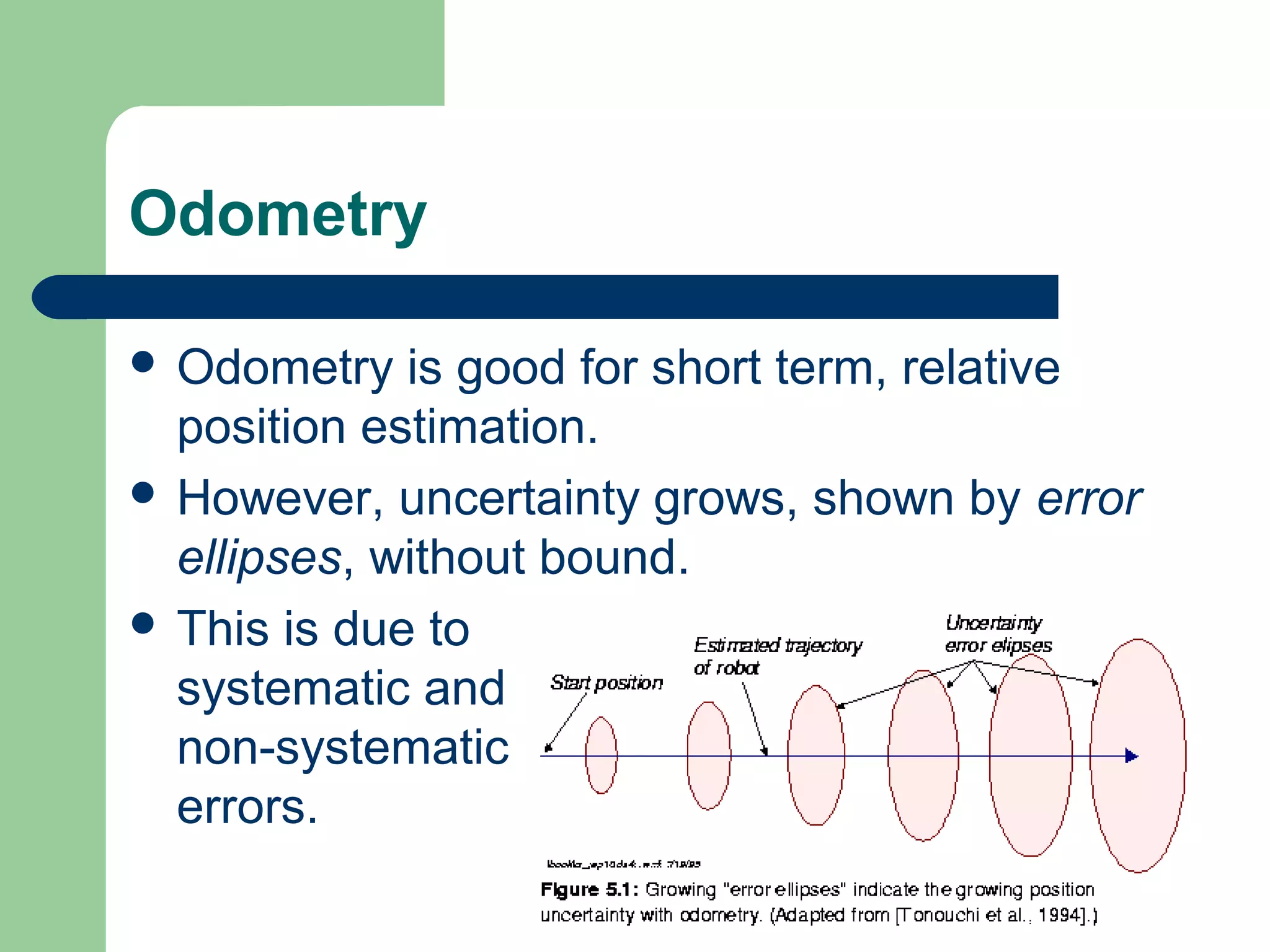 Odometry

 Odometry   is good for short term, relative
  position estimation.
 However, uncertainty grows, shown by error
  ellipses, without bound.
 This is due to
  systematic and
  non-systematic
  errors.
 