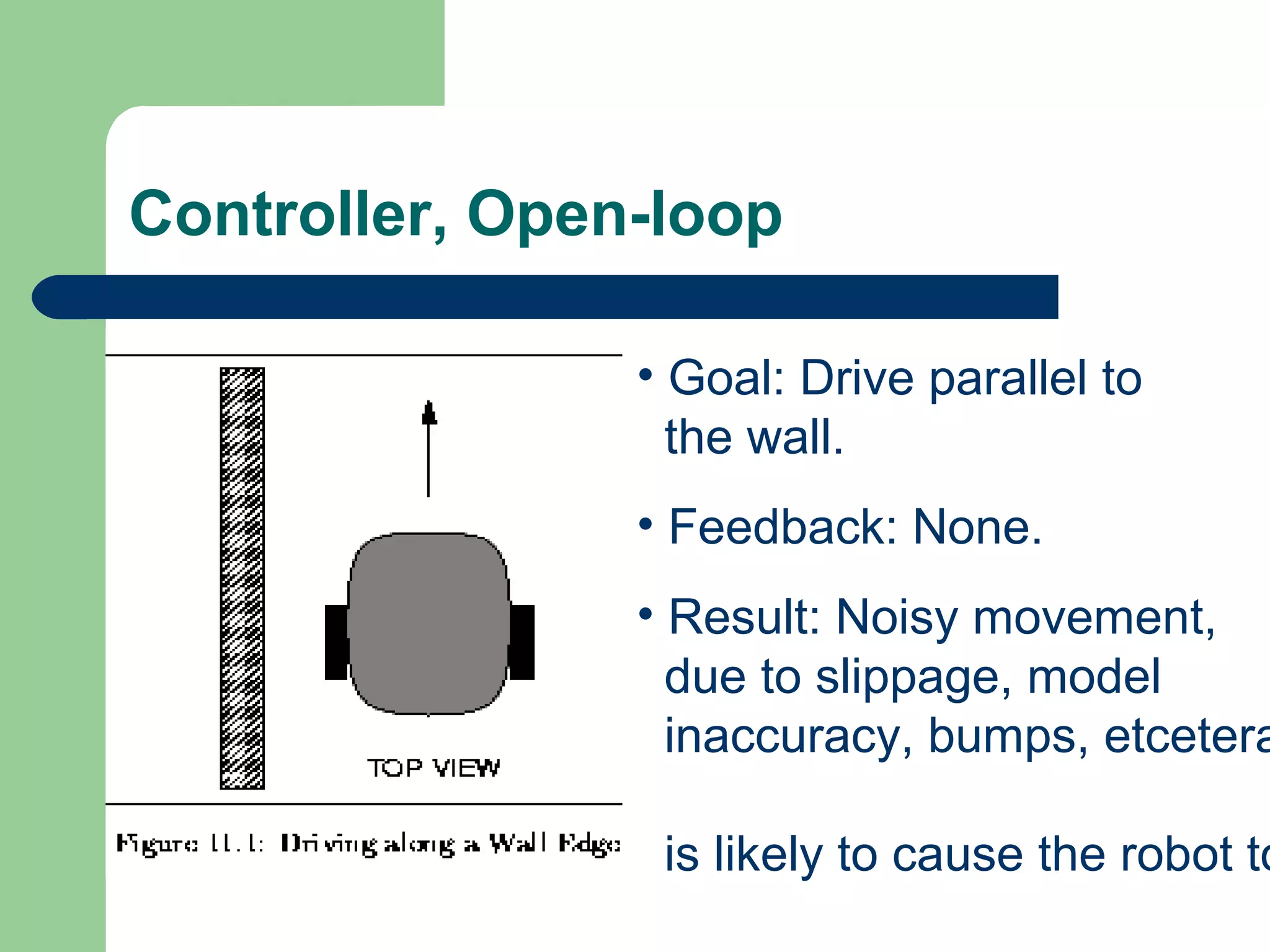 Controller, Open-loop

                • Goal: Drive parallel to
                  the wall.
                • Feedback: None.
                • Result: Noisy movement,
                  due to slippage, model
                  inaccuracy, bumps, etcetera

                 is likely to cause the robot to
 