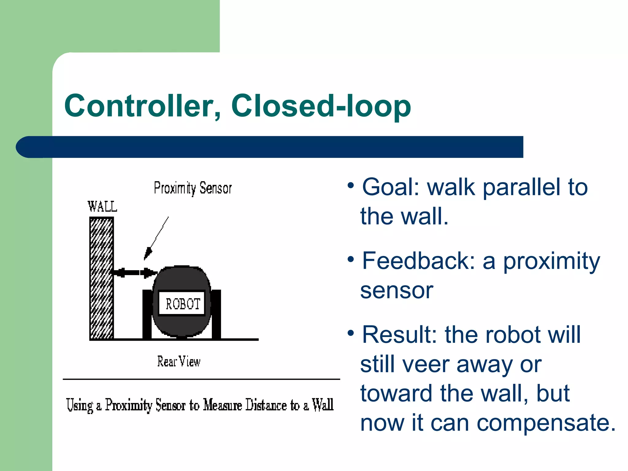 Controller, Closed-loop

                  • Goal: walk parallel to
                    the wall.
                  • Feedback: a proximity
                    sensor
                  • Result: the robot will
                    still veer away or
                    toward the wall, but
                    now it can compensate.
 