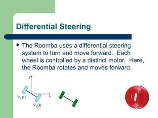 Differential Steering

 The  Roomba uses a differential steering
   system to turn and move forward. Each
   wheel is controlled by a distinct motor. Here,
   the Roomba rotates and moves forward.
         y




VL (t)               x

             VR(t)
 