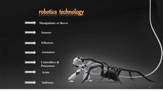 Sensors
Effectors
Actuators
Controllers &
Processors
Arms
Manipulator or Rover
Software
11
 
