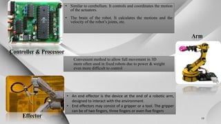 Controller & Processor
Arm
Effector
• An end effector is the device at the end of a robotic arm,
designed to interact with the environment.
• End effectors may consist of a gripper or a tool. The gripper
can be of two fingers, three fingers or even five fingers
• Similar to cerebellum. It controls and coordinates the motion
of the actuators.
• The brain of the robot. It calculates the motions and the
velocity of the robot’s joints, etc.
Convenient method to allow full movement in 3D
more often used in fixed robots due to power & weight
even more difficult to control
13
 