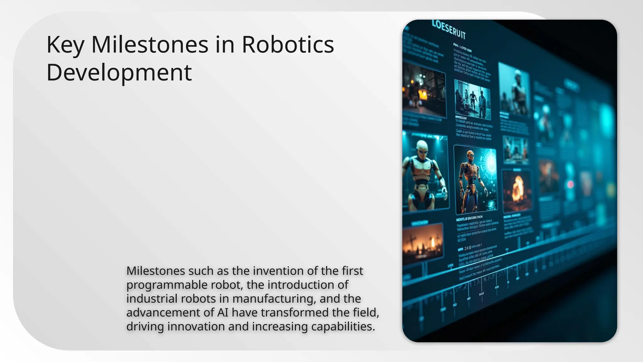 Key Milestones in Robotics
Development
Milestones such as the invention of the first
programmable robot, the introduction of
industrial robots in manufacturing, and the
advancement of AI have transformed the field,
driving innovation and increasing capabilities.
 
