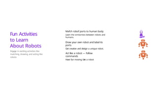 Fun Activities
to Learn
About Robots
Engage in exciting activities like
matching, drawing, and acting like
robots
Mafch robof ports to human body
Learn the similarities between robots and
humans.
Draw your own robot and label its
ports
Get creative and design a unique robot.
Act like a robot — follow
commands
Have fun moving Uke a robot
ü
*’”
 