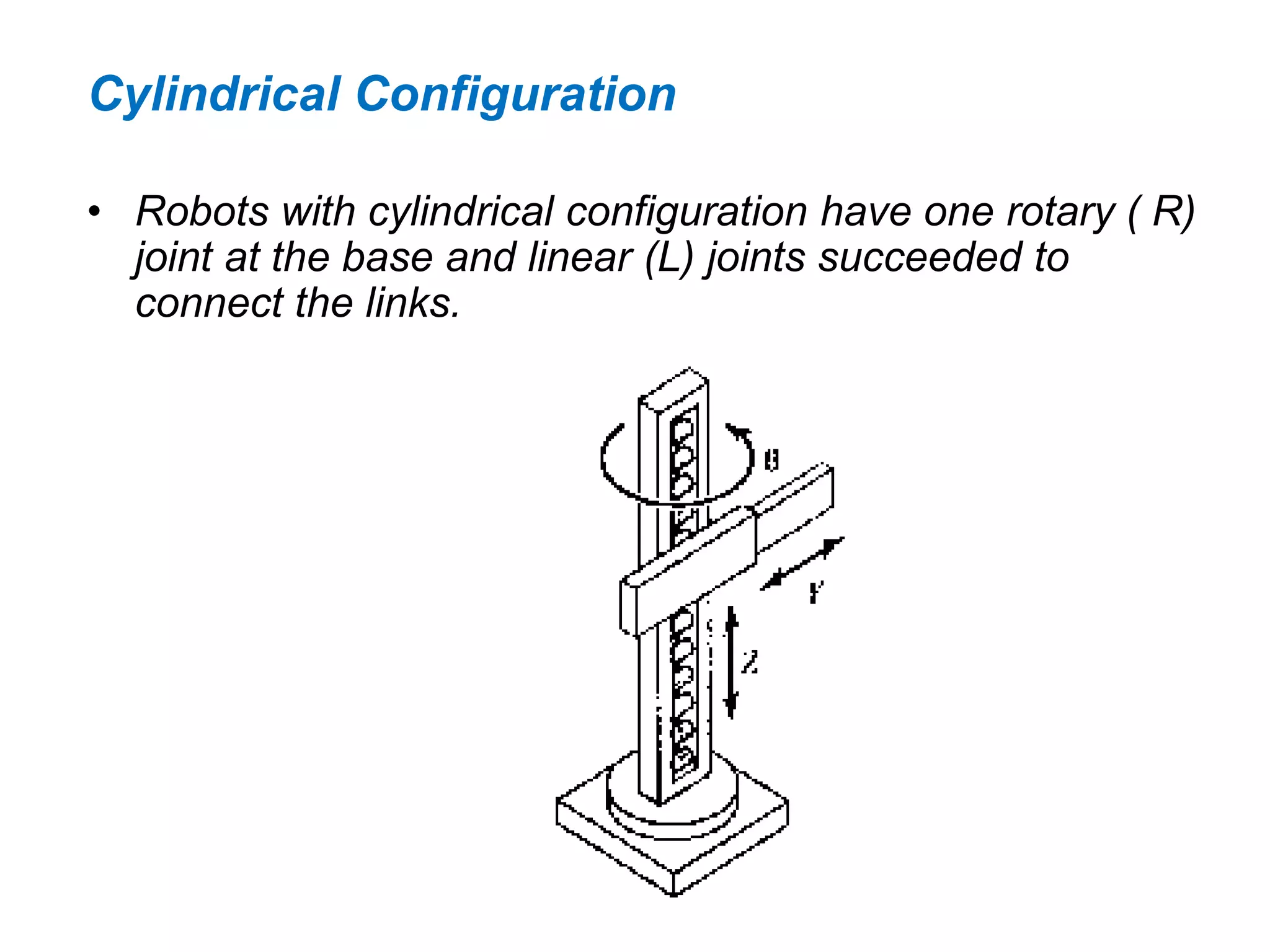 Cylindrical Configuration
• Robots with cylindrical configuration have one rotary ( R)
joint at the base and linear (L) joints succeeded to
connect the links.
 