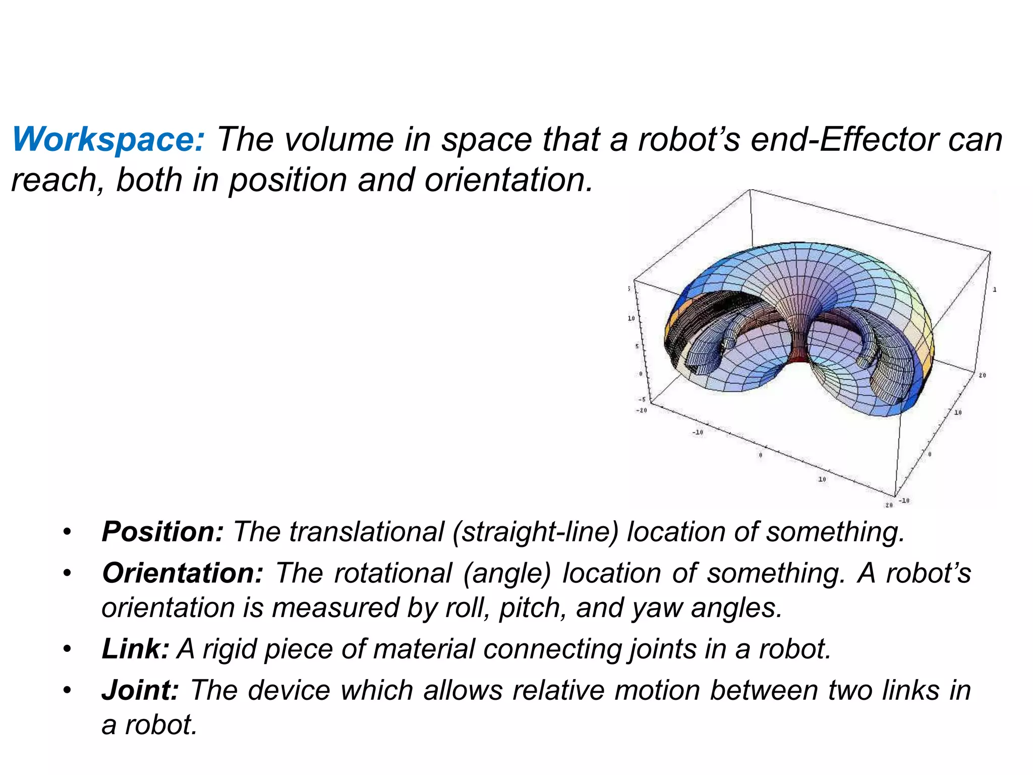 Workspace: The volume in space that a robot’s end-Effector can
reach, both in position and orientation.
• Position: The translational (straight-line) location of something.
• Orientation: The rotational (angle) location of something. A robot’s
orientation is measured by roll, pitch, and yaw angles.
• Link: A rigid piece of material connecting joints in a robot.
• Joint: The device which allows relative motion between two links in
a robot.
 