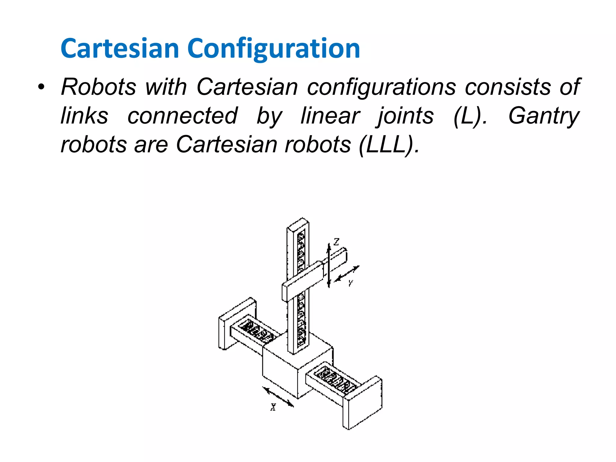 Cartesian Configuration
• Robots with Cartesian configurations consists of
links connected by linear joints (L). Gantry
robots are Cartesian robots (LLL).
 