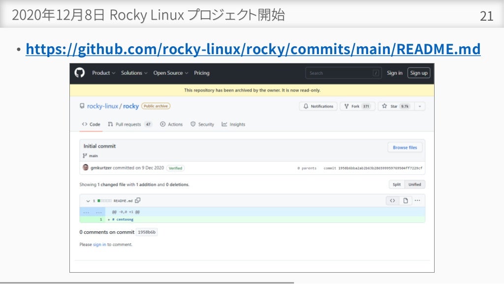 2020年12月8日 Rocky Linux プロジェクト開始
• https://github.com/rocky-linux/rocky/commits/main/README.md
21
 