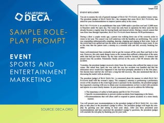 SAMPLE ROLE-
PLAY PROMPT
EVENT
SPORTS AND
ENTERTAINMENT
MARKETING
SOURCE: DECA.ORG
 