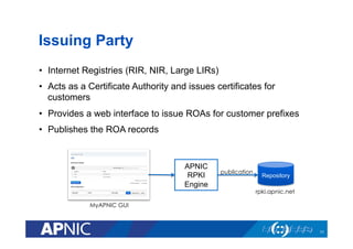 Issuing Party
•  Internet Registries (RIR, NIR, Large LIRs)
•  Acts as a Certificate Authority and issues certificates for
customers
•  Provides a web interface to issue ROAs for customer prefixes
•  Publishes the ROA records
APNIC
RPKI
Engine
publication
MyAPNIC GUI
rpki.apnic.net
Repository
11
 
