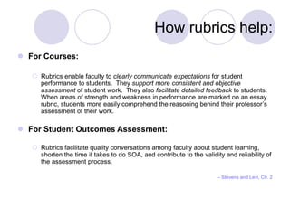 How rubrics help:
 For Courses:
 Rubrics enable faculty to clearly communicate expectations for student
performance to students. They support more consistent and objective
assessment of student work. They also facilitate detailed feedback to students.
When areas of strength and weakness in performance are marked on an essay
rubric, students more easily comprehend the reasoning behind their professor’s
assessment of their work.
 For Student Outcomes Assessment:
 Rubrics facilitate quality conversations among faculty about student learning,
shorten the time it takes to do SOA, and contribute to the validity and reliability of
the assessment process.
- Stevens and Levi, Ch. 2
 