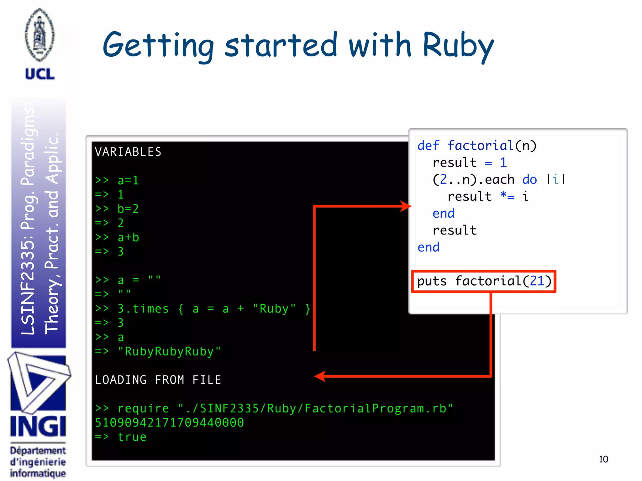 LSINF2335:Prog.Paradigms:
Theory,Pract.andApplic.
10
VARIABLES
>> a=1
=> 1
>> b=2
=> 2
>> a+b
=> 3
>> a = ""
=> ""
>> 3.times { a = a + "Ruby" }
=> 3
>> a
=> "RubyRubyRuby"
LOADING FROM FILE
>> require "./SINF2335/Ruby/FactorialProgram.rb"
51090942171709440000
=> true
def factorial(n) 
result = 1 
(2..n).each do |i| 
result *= i 
end 
result 
end 
 
puts factorial(21) 
Getting started with Ruby
 